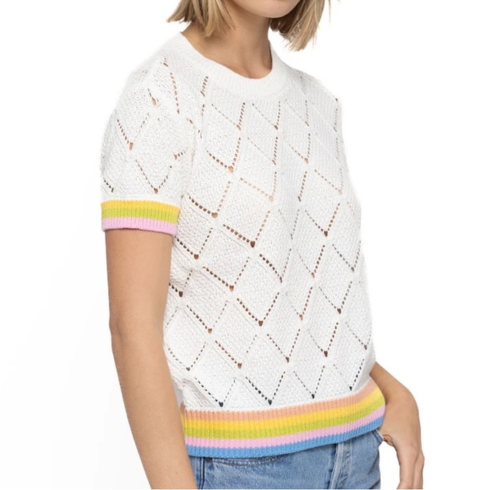 27Miles Sweater, White Knit Sweater with Rainbow Trim, XS
